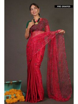 Isadora Life - Womens Bandhani Printed Red Pre-Draped Saree with Unstitched Blouse