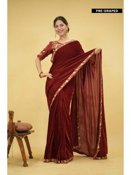 Isadora Life - Womens Solid Embroidered Brown Pre-Draped Saree with Unstitched Blouse