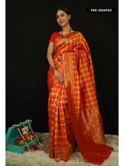 Isadora Life - Womens Printed Orange Pre-Draped Saree with Unstitched Blouse