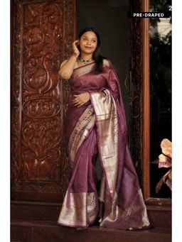 Isadora Life - Womens Woven Zari Purple Pre-Draped Saree with Unstitched Blouse