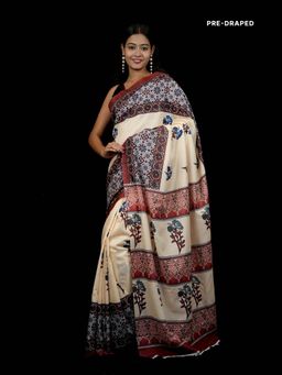 Isadora Life - Multi-Color Printed Pre-Draped Saree with Unstitched Blouse