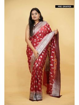 Isadora Life - Red Woven Pre-Draped Saree with Unstitched Blouse
