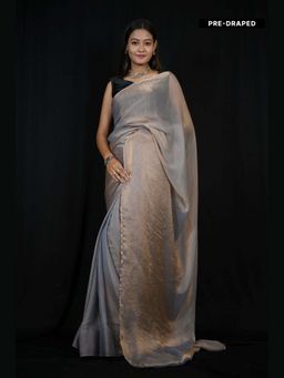 Isadora Life - Grey Solid Pre-Draped Saree with Unstitched Blouse