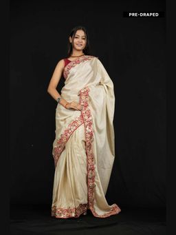 Isadora Life - Beige Embroidered Pre-Draped Saree with Unstitched Blouse