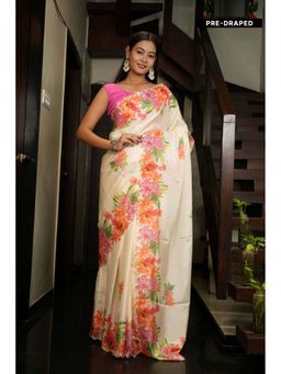 Isadora Life - Beige Floral Pre-Draped Saree with Unstitched Blouse