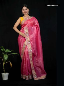 Isadora Life - Pink Floral Pre-Draped Saree with Unstitched Blouse