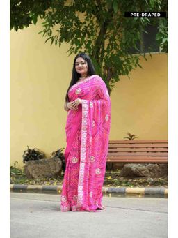 Isadora Life - Pink Printed Pre-Draped Saree with Unstitched Blouse
