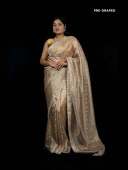 Isadora Life - Gold Embroidered Pre-Draped Saree with Unstitched Blouse
