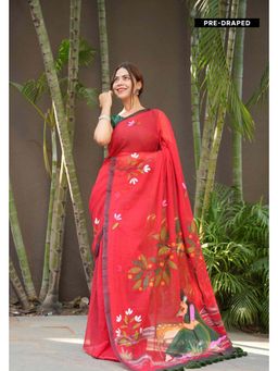 Isadora Life - Red Floral Pre-Draped Saree with Unstitched Blouse