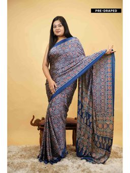 Isadora Life - Blue Printed Pre-Draped Saree with Unstitched Blouse