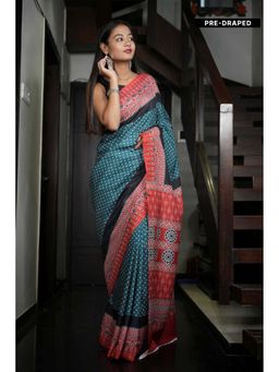 Isadora Life - Teal Geometric Pre-Draped Saree with Unstitched Blouse