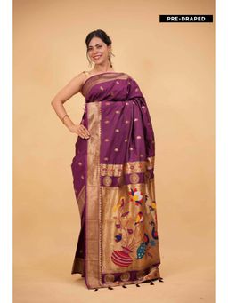 Isadora Life - Purple Floral Pre-Draped Saree with Unstitched Blouse