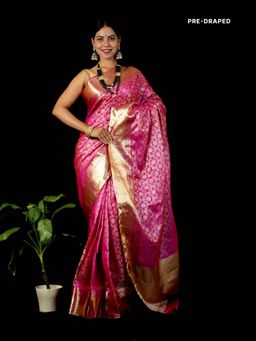 Isadora Life - Pink Floral Pre-Draped Saree with Unstitched Blouse
