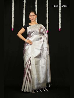 Isadora Life - Silver Woven Pre-Draped Saree with Unstitched Blouse