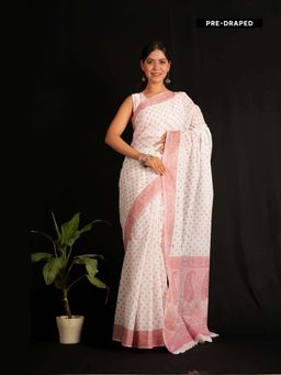 Isadora Life - White Floral Pre-Draped Saree with Unstitched Blouse