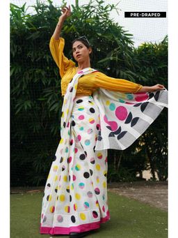 Isadora Life - White Polka Dots Pre-Draped Saree with Unstitched Blouse