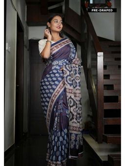 Isadora Life - Blue Floral Pre-Draped Saree with Unstitched Blouse