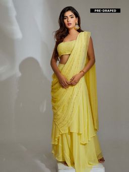 Label Aishwaryrika - Dahlia Chikankari Lehenga Saree (Set of 2)