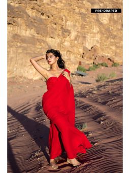 Label Shaurya Sanadhya - Red Ready to Wear Saree with Stitched Blouse