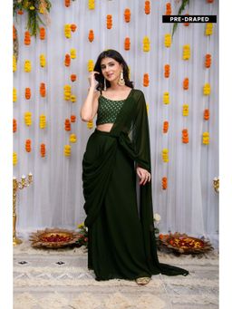 Label Shaurya Sanadhya - Mehandi Green Pre-Drape Saree with Stitched Blouse with Stitched
