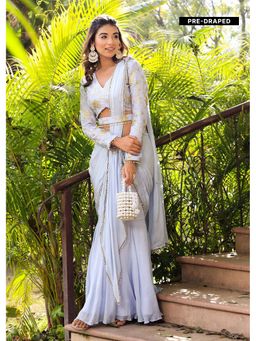Label Aditi Hundia - Tahira Blue Pre-Draped Saree with Belt and Stitched Blouse