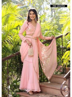 Label Aditi Hundia - Mahira Pink Pre-Draped Saree with Belt and Stitched Blouse
