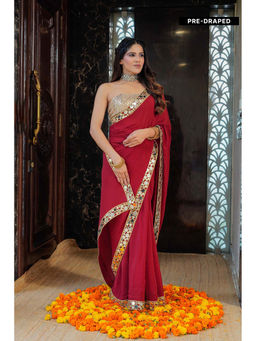 LABEL MAE - Cherry Red Mirror Detailing Pre-Drape Saree with Stitched Blouse