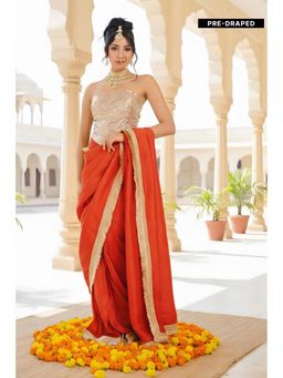 LABEL MAE - Orange Noor-E-Gulzar Rust Saree with Semi-Stitched Blouse
