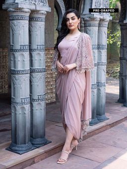 MABISH LUXE - Womens Pre-Draped Saree with Stitched Blouse and Cape- Pink