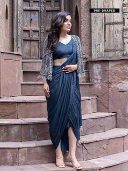 MABISH LUXE - Womens Pre-Draped Saree with Stitched BLouse and Cape- Teal