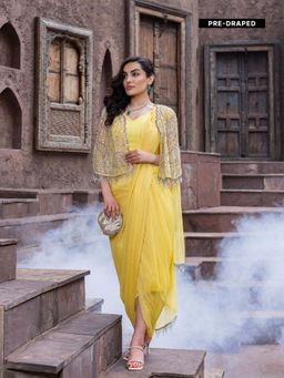 MABISH LUXE - Womens Pre-Draped Saree with Stitched BLouse and Cape- Yellow