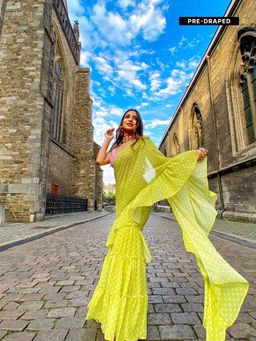 MONK & MEI - Issh Green-Sharara Fusion Saree With Stitched Blouse