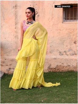 MONK & MEI - Issh Yellow-Sharara Fusion Saree With Stitched Blouse