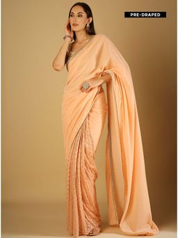 MONK & MEI - Sultana-Saree With Stitched Blouse-Peach Pink
