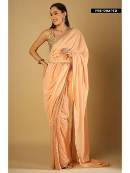 MONK & MEI - Sultana-Saree With Stitched Blouse And Belt- Peach Pink