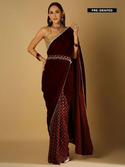 MONK & MEI - Sultana-Saree With Stitched Blouse And Belt- Maroon