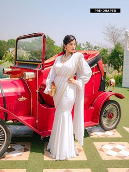 MONK & MEI - Madhubala Chikankari Fishcut Saree with Belt & Stitched Blouse- White (Set of 3)