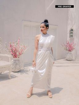 MONK & MEI - Karishma Chikankari Dhoti Saree with Stitched Blouse & Belt- White (Set of 3)