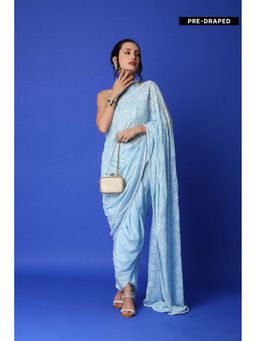 MONK & MEI - Karishma Chikankari Dhoti Saree & Blouse - Ice Blue