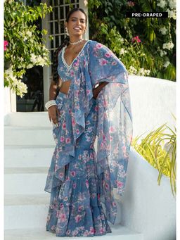 MONK & MEI - Dandelion Blue Pre-Draped Saree with Stitched Blouse