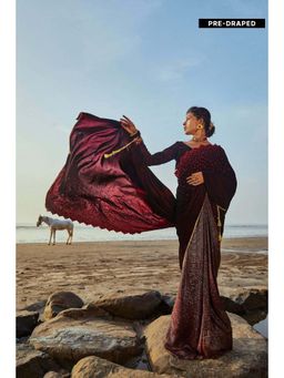 MONK & MEI - Wine Jane Ready To Wear Saree with Stitched Blouse