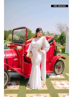 MONK & MEI - White Pre-Stitched Saree with Stitched Blouse