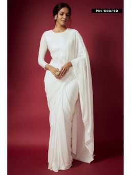 PHATAKAA - White Sequin Pre Draped Saree With Stitched Blouse