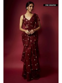 PHATAKAA - Maroon Sequin Pre Draped Saree with Stitched Blouse