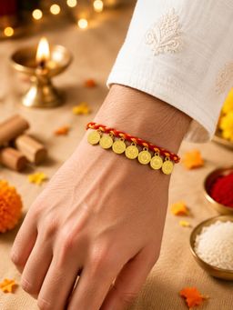 SHILLYN - Heritage Gold Coin Charm Braided Rakhi In Auspicious Red and Yellow