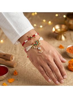 SHILLYN - Royal Krishna Flute and Meenakari Peacock Pearl Bracelet Rakhis (Pack of 2)