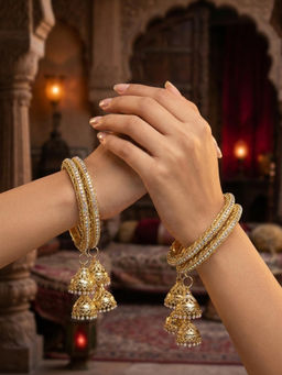 NUI - Gold-Plated Stone Studded and Beaded Classic and Elegant Bangles (Pack of 4)