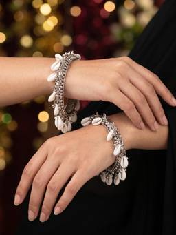 NUI - Oxidised Silver Plated Shell Charm Bangles for Women (Pack of 2)
