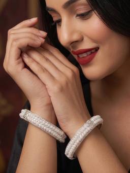 NUI - White Pearl Beaded Silver-Tone Bangles for Women (Pack of 2)