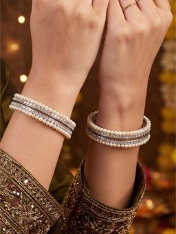 NUI - Elegant Pearl and Crystal Studded Bangles for Women (Pack of 4)